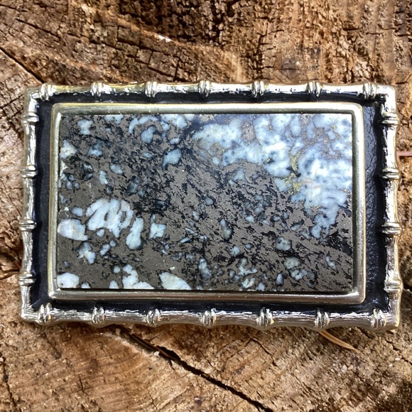 Vintage Bright Pyrite Artisan Stone On Outlined Rectangular Metal Belt Buckle - Picture 4 of 13